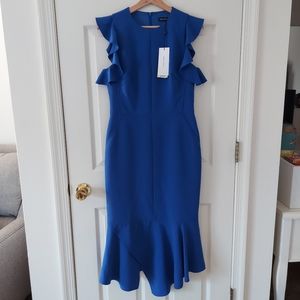 NWT Karen Millen Blue Ruffle Trim Asymmetrical Crepe Midi Dress Size US 8